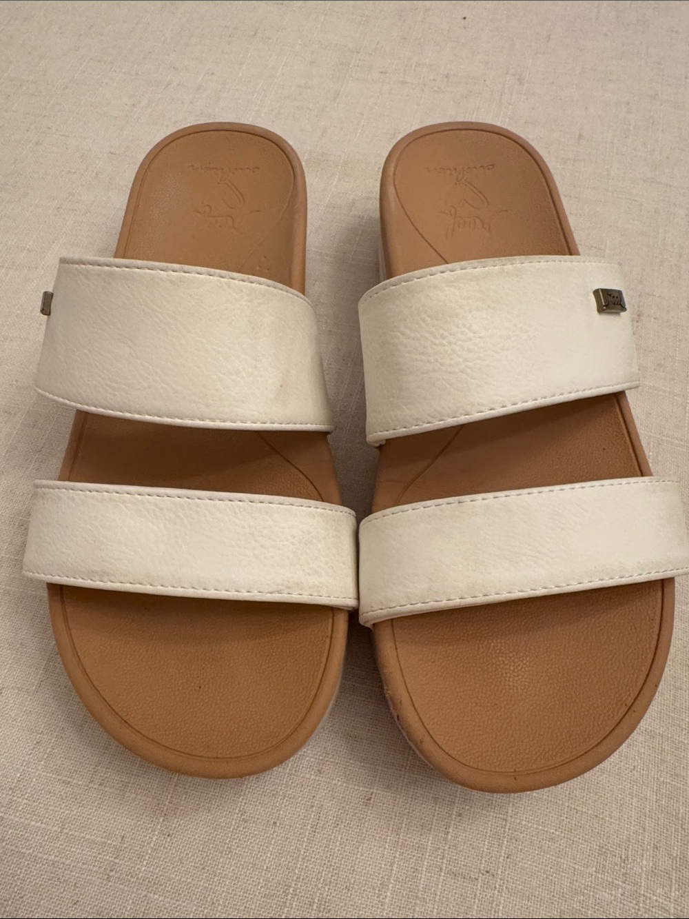 Reef White Double-Strap Slide Sandals with Tan Footbed - Women